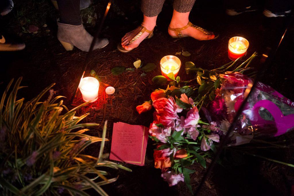 Flowers are left at the Stephanie Campbell in front of the Alpha Gamma Delta house. Campbell died in a single car accident. (Talisman/Michael Noble Jr.)