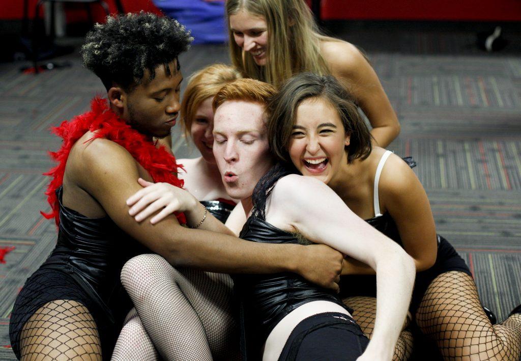 The cast of the Rocky Horror Picture Show rehearse the orgy scene during the first dress rehearsal. The cast members met in DSU twice a week to rehearse. Photo by Mhari Shaw.