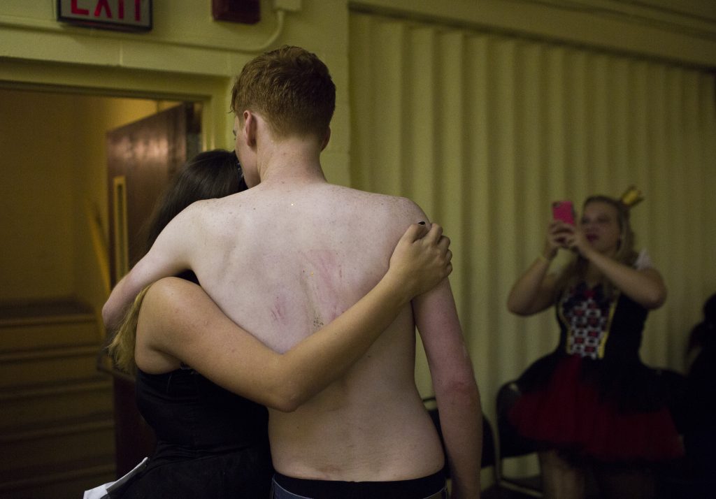 Morrison embraces co-cast member Thornsbury after the performance. This was Morrison's second year playing the role of Frank-N-Furter in the production. Photo by Mhari Shaw.