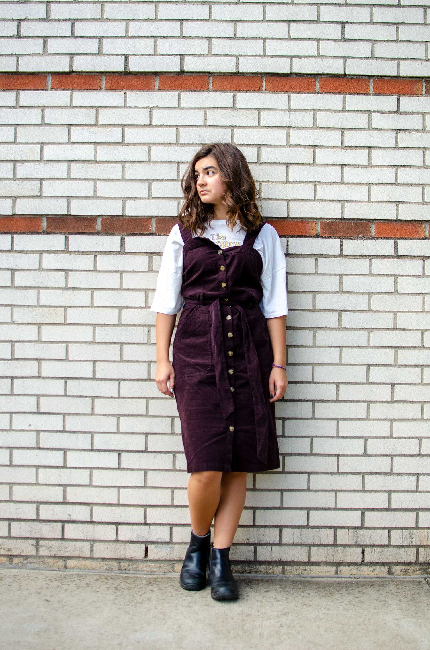 80s dress up overall dress skirt corduroy ankle boots hair make up